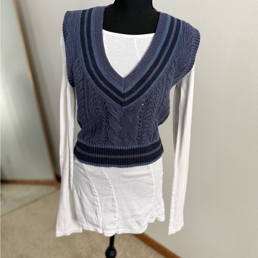 rag & bone Cable Knit Sweater Vest | Blue Contrast | XS | Preppy Academia - Picture 15 of 16